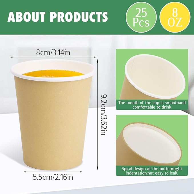 Paper Cups 8 oz 25 Pack, Disposable Paper Coffee Cups for Hot or Cold Beverage Drinking for Party, Picnic, BBQ, Travel, and Event -Khaki