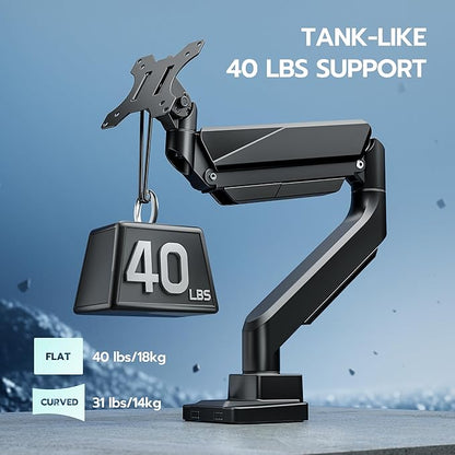 ARES WING Ultrawide Monitor Arm, Heavy Duty Single Monitor Mount for 13"-49" Curved Screens, Adjustable Stand for Desk with C-clamp & Grommet Base up to 40 LBS, Black