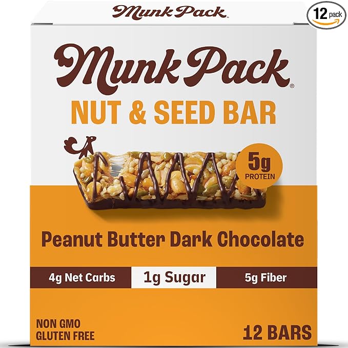 Munk Pack Peanut Butter Dark Chocolate Nut & Seed Snack Bars Stocking Stuffers | 5g Protein, 1g Sugar, 3g Net Carbs | Plant-Based, Low Sugar, Non-GMO, Gluten-Free Snacks | 12 Count (4.92 oz)