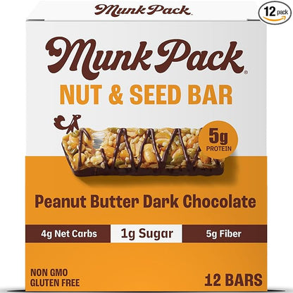 Munk Pack Peanut Butter Dark Chocolate Nut & Seed Snack Bars Stocking Stuffers | 5g Protein, 1g Sugar, 3g Net Carbs | Plant-Based, Low Sugar, Non-GMO, Gluten-Free Snacks | 12 Count (4.92 oz)