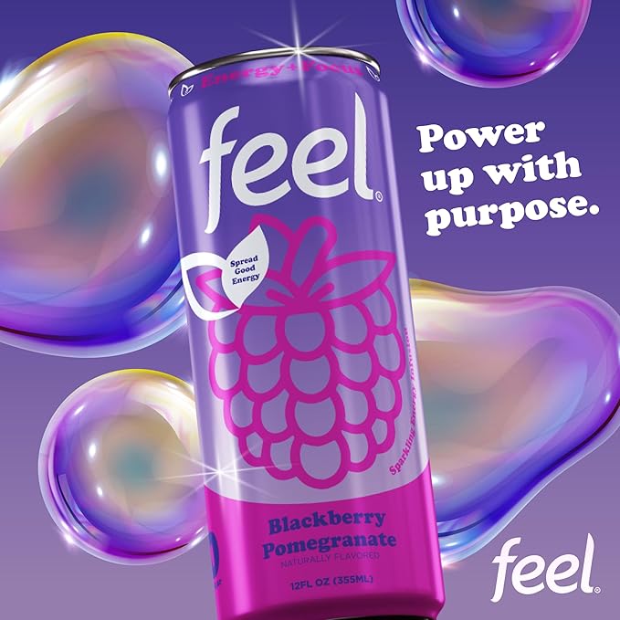 FEEL Zero Sugar Natural Energy Drink – Blackberry Pomegranate, 140mg Plant-Based Caffeine with L-Theanine for Focus, Vitamin C for Immunity, Vegan, Non-GMO, No Artificial Sweeteners, 12 Fl Oz Cans (12-Pack)