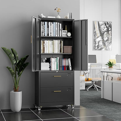 METAN Metal File Cabinet with 2 Drawers and 2 Shelves,Office Filing Cabinet on Wheels with Lock,Office Storage for Letter/Legal Size,Assembly Required,Black