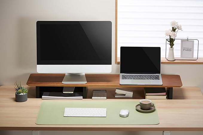 Walnut Monitor Stand for Desk (44 Inch) Large Monitor Stands for 2 Monitors, Desk Shelf for Top of Desk Walnut Monitor Shelf