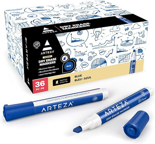 ARTEZA Dry Erase Markers – Bulk Pack of 36 Blue Whiteboard Pens with Chisel Tips & Low-Odor Ink, Quick-Drying for Office, School & Home Use