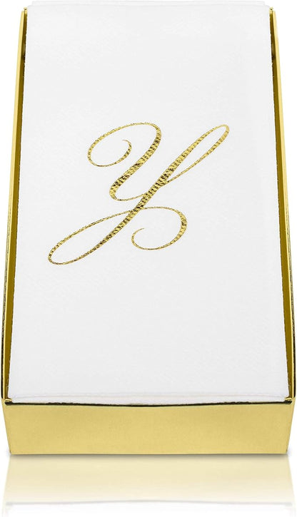 AMERICAN HOMESTEAD Disposable Hand Towels - Gold Foil Monogrammed Guest Napkins - Linen-Like Bathroom Paper Towels for Guests - Perfect Wedding and Party Napkins - 50 Count (Gold V)