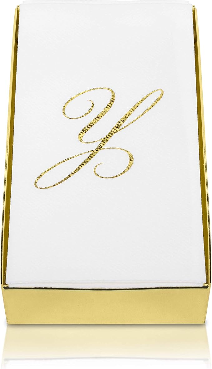 AMERICAN HOMESTEAD Disposable Hand Towels - Gold Foil Monogrammed Guest Napkins - Linen-Like Bathroom Paper Towels for Guests - Perfect Wedding and Party Napkins - 50 Count (Gold T)