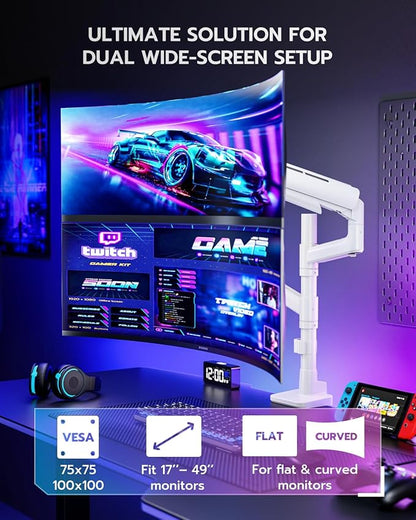 ARES WING Dual Monitor Mount for 17-49 Inch Ultrawide Heavy Duty Curved Screen, Computer Monitor Arm Desk Mount, Gas Spring Adjustable Dual Monitor Stand for Desk, White