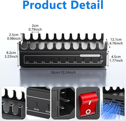 200W Charging Station for Multiple Devices, 10 Ports USB C Fast Charger Station, Desktop Multi-Port Fast Charger with Storage Dividers, Compatible with Cellphone, Kindle, Tablet, iPhone, iPad and More