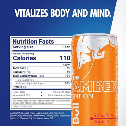 Red Bull Amber Edition Energy Drink, Strawberry Apricot, with 80mg Caffeine plus Taurine & B Vitamins, 8.4 Fl Oz, 6 Packs of 4 Cans (Pack of 24)