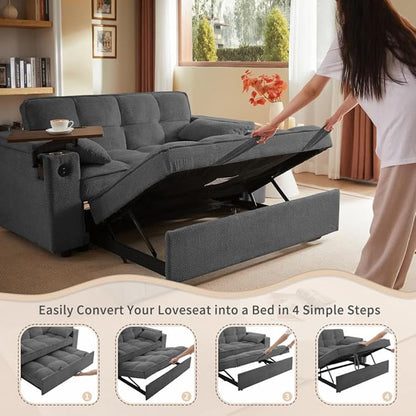 65'' Convertible Sleeper Sofa Bed with Adjustable Backrest, Chaise Lounge, Side Table & USB/Type-C Ports – Stylish & Functional Addition to Any Living Room (Dark Grey Sofa Bed)