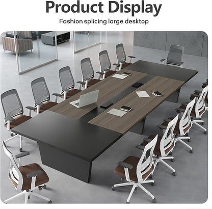 10FT Conference Table, Large Rectangular Seminar Meeting Table, Modern Conference Room Table with Cable Management & 2" Thickened DeskTop for Office Meeting (Oak + Grey, 118"L * 51"W * 30"H)