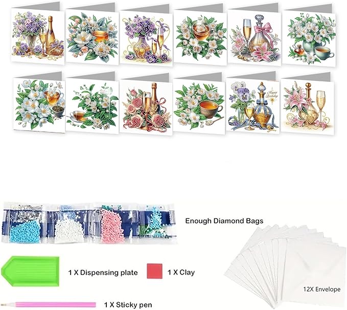 jinglinhh 12pcs Diamond Art Painting Flower Drink Greeting Cards with Envelopes, DIY Card Making Kits for Adults, Diamond Art Postcards Christmas Cards Craft Gifts