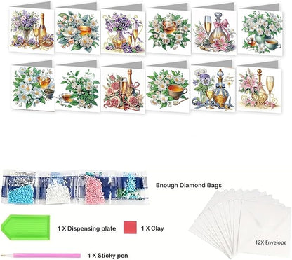 jinglinhh 12pcs Diamond Art Painting Flower Drink Greeting Cards with Envelopes, DIY Card Making Kits for Adults, Diamond Art Postcards Christmas Cards Craft Gifts