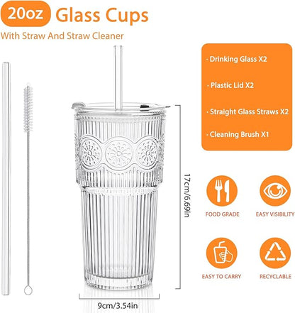 20oz Ribbed & Floral Glass Tumbler Set of 2 – Reusable Glass Cups with Lid and Glass Straw, Iced Coffee Cups for Water, Smoothie, Milk, Cocktail & More – Perfect for Daily Use & Travel
