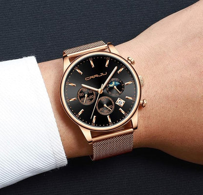 CRRJU Men's Fashion Casual Watches Auto Date Chronograph Watch Men Nice Work Watches Waterproof 30M Full Steel Quartz with Mesh Strap
