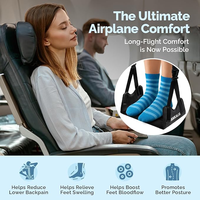 1 Pack No-Collapse Airplane Foot Hammock–Adjustable Foot Hammock for Plane Travel with Thick Bamboo Base, Lightweight Travel Footrest for Office, Flights(Black)