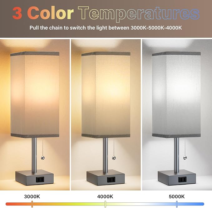 Fenmzee Grey Bedside Table Lamps for Bedroom Set of 2 - Small Rectangular Nightstand Lamp with AC Outlet Charging Port, 3 Color Temperatures Light, Tabletop Reading Lamp for Living Room/Dorm/Office
