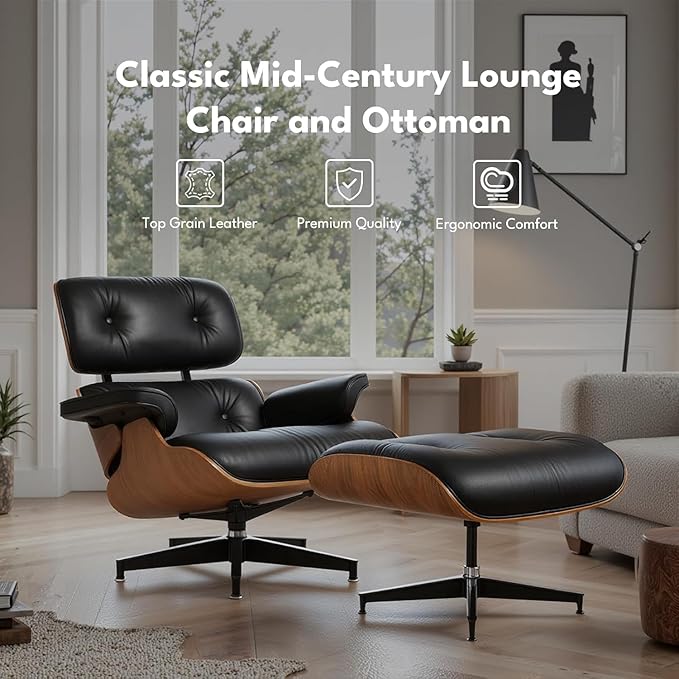 Mid Century Chaise Lounge Chair with Ottoman, Top Black Grain Leather, Modern Office Chair Classic Design, Heavy Duty Base Support for Living Room Study Lounge Office