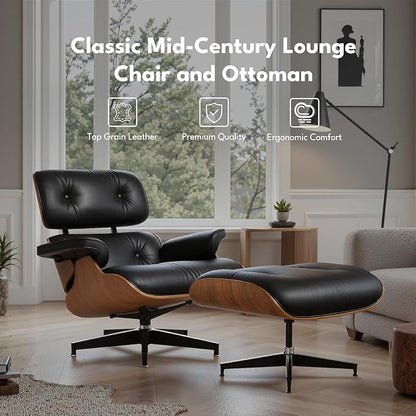 Mid Century Chaise Lounge Chair with Ottoman, Top Black Grain Leather, Modern Office Chair Classic Design, Heavy Duty Base Support for Living Room Study Lounge Office