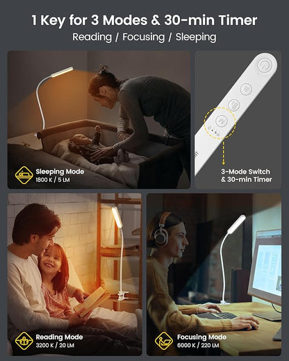 Glocusent 38 LED Clip On Light: 5W Eye Caring Book Lights for Reading at Night - 5 Color & 5 Brightness with a Remote, 30-Min Auto Off Timer, Multi-Purpose Clip Lamp for Bed Reading/Studying/Working