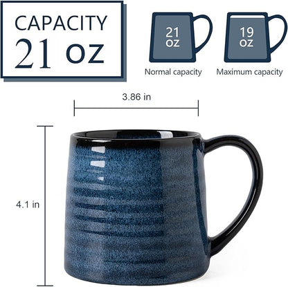 Ceramic Coffee mugs, 21 oz, Extra Large Mugs, Big Tea Cups, Large Handle, Pottery Mugs, Big Belly, Transmutation Glaze，Wide Bottom, stripe pattern, Microwave and Dishwasher Safe. (Blue)
