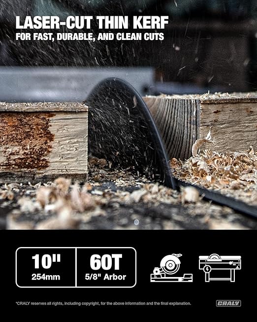 CRALY 10 Inch 60 Teeth Fine Finish Wood Cutting Circular Saw Blade, 5/8 Inch Arbor, Carbide Tipped, Thin Kerf, Black Ice Coating, for Wood Cutting Table Saw, Miter Saw(C1060FF)