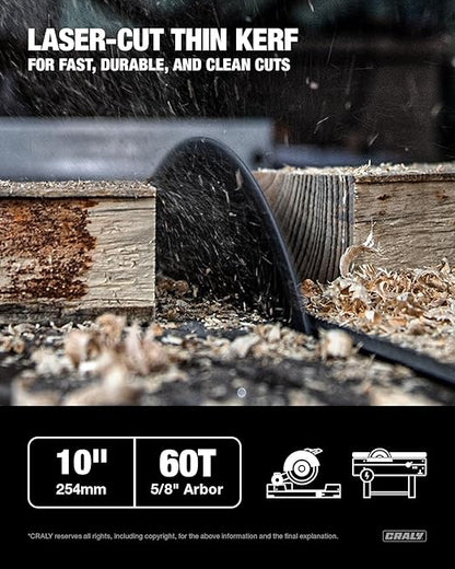 CRALY 10 Inch 60 Teeth Fine Finish Wood Cutting Circular Saw Blade, 5/8 Inch Arbor, Carbide Tipped, Thin Kerf, Black Ice Coating, for Wood Cutting Table Saw, Miter Saw(C1060FF)