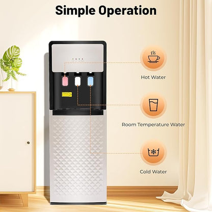 Bottom Loading Water Cooler Dispenser for 5 Gallon Bottles - 3 Temperatures with Hot, Room & Cold Spouts,Overload Protection, Dry Burning Protection,Water Dispenser for Home,Office (Silver Grey)