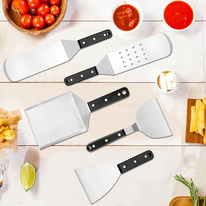 Griddle Accessories Set of 25, Leonyo Grill Accessories for Outdoor, Commercial BBQ Tools Grilling Smash Burger Press Kit with Enlarged Metal Spatulas Scraper for Flat Top Grill, Hibachi, ABS Handle