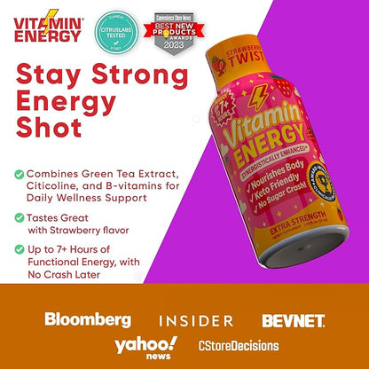 Vitamin Energy Immune+ Extra Strength Energy Shot Strawberry Twist 48 Pack, 260mg Natural Caffeine, B-Vitamins, Citicoline, Green Tea, Immunity & Focus Support, Zero Sugar, Gluten-Free 1.93 fl oz