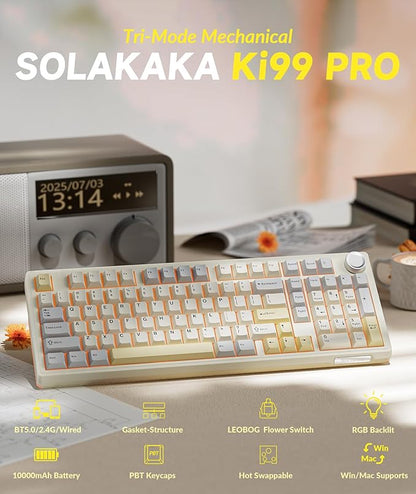 SOLAKAKA KI99 Pro 96% Wireless Mechanical Keyboard, RGB Gaming Keyboard, Hot-Swappable Pre-Lubed Switches, Gasket Structure Creamy Keyboards (Beige-White, Non-Silent Version)