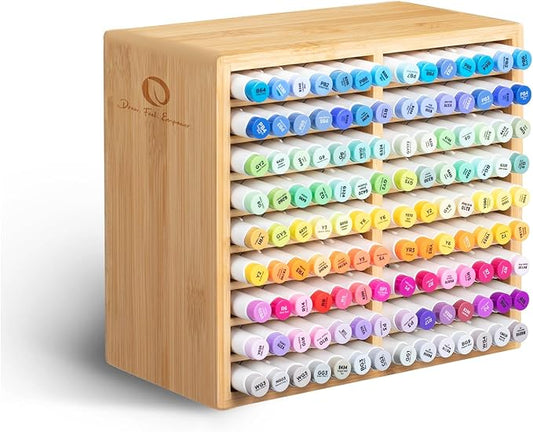 Ohuhu Bamboo Marker Organizer, Wooden Desktop Storage Hold 126 Markers, Pens, Pencils, Art Brushes Stationary Organizer Pencil Holder with 18 Compartments for Home, Classroom, Office Decor