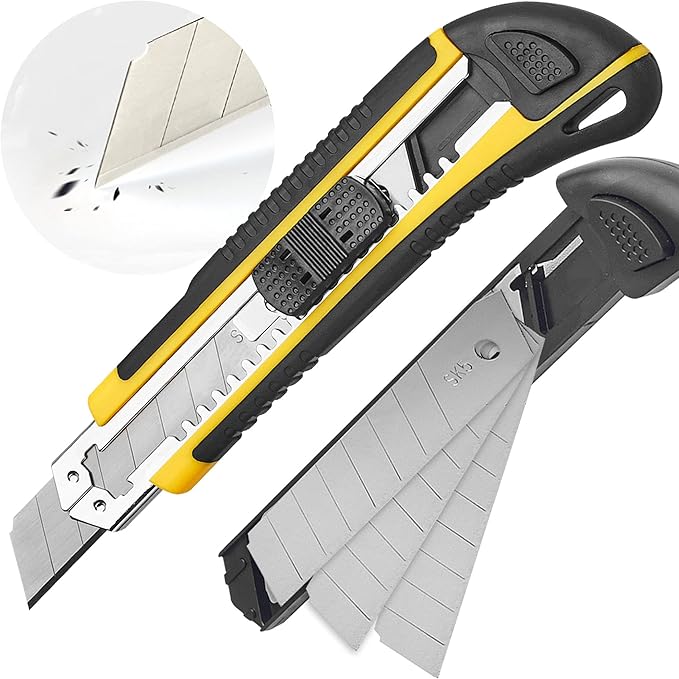 DOWELL Utility Knife Box Cutter Retractable Self Loading Heavy Duty Snap Off Quick Change Extra Blades(3PCS) TPR+PP Handle Cutting Cardboard Boxes or DIY