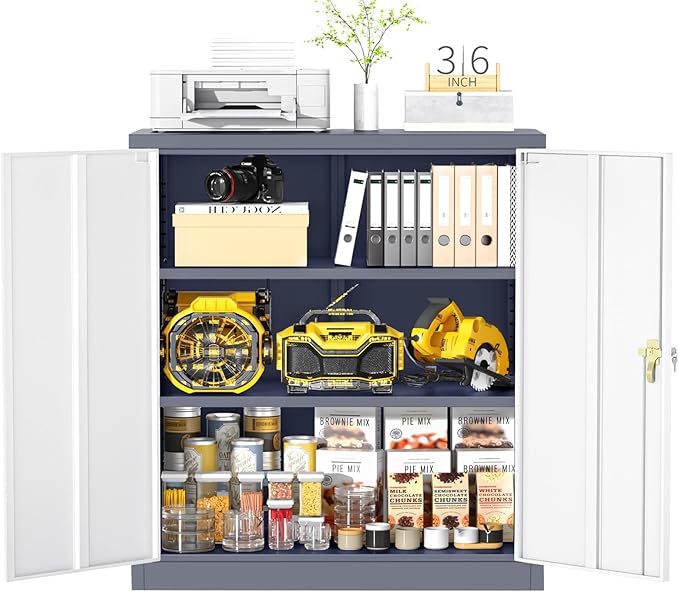 Greenvelly Metal Garage Storage Cabinet, Lockable Metal Cabinets with 2 Doors and Shelves,36”Steel Storage Locking Counter Cabinet for Office,Garage,Kitchen,Home,School(Grey White)