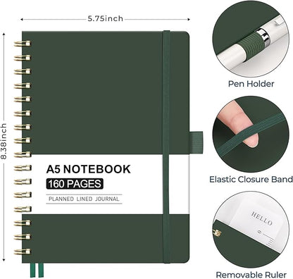 AHGXG Spiral Journal Notebook, 160 Lined Pages, A5 Medium Size (5.7'' x 8.3''), for Men & Women, Journaling, Writing, Work & Office, Hardcover, 100 GSM Thick Paper (Dark Green)