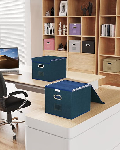 Oterri 2 Pack File Organizer Box,File Box,Small File Cabinet for Letter Folders,Dark Blue Portable Filing Box,Hanging File Folder Organizer with Lid for Office/Decor/Home- without Folders