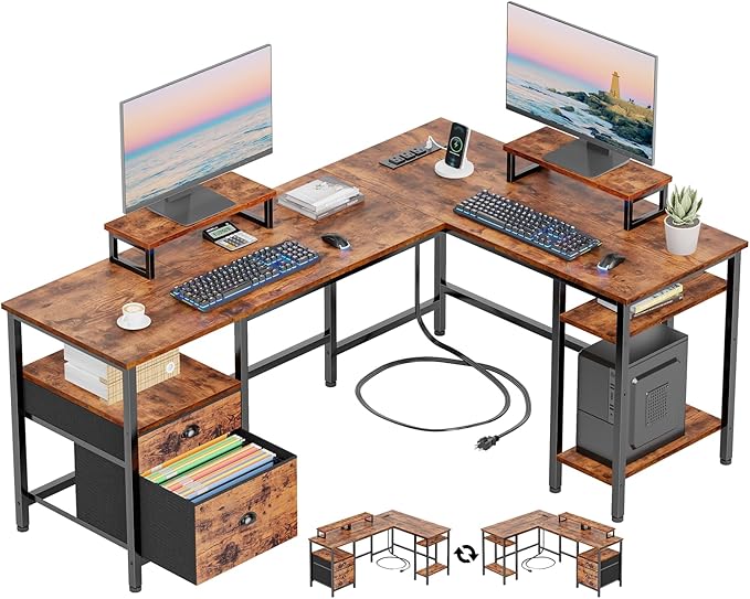 Furologee 59” L Shaped Desk with Power Outlet, Reversible Computer Desk with File Drawer & 2 Monitor Stands, Corner Home Office Table with Storage Shelves for Gaming Writing, Rustic Brown