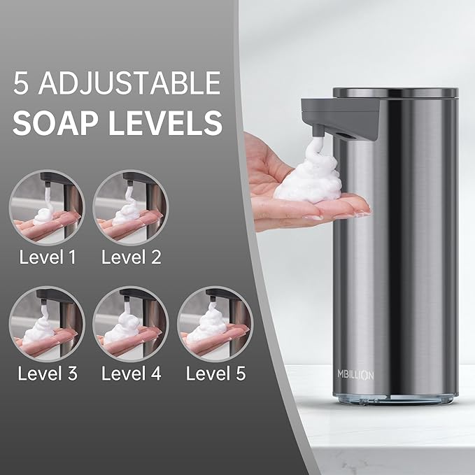 Mbillion Automatic Soap Dispenser Touchless Foaming Soap Dispenser USB Rechargeable Dispenser Electric 5 Levels Adjustable Foam Soap Dispenser Pump for Bathroom Kitchen Dish Soap,Stainless Steel