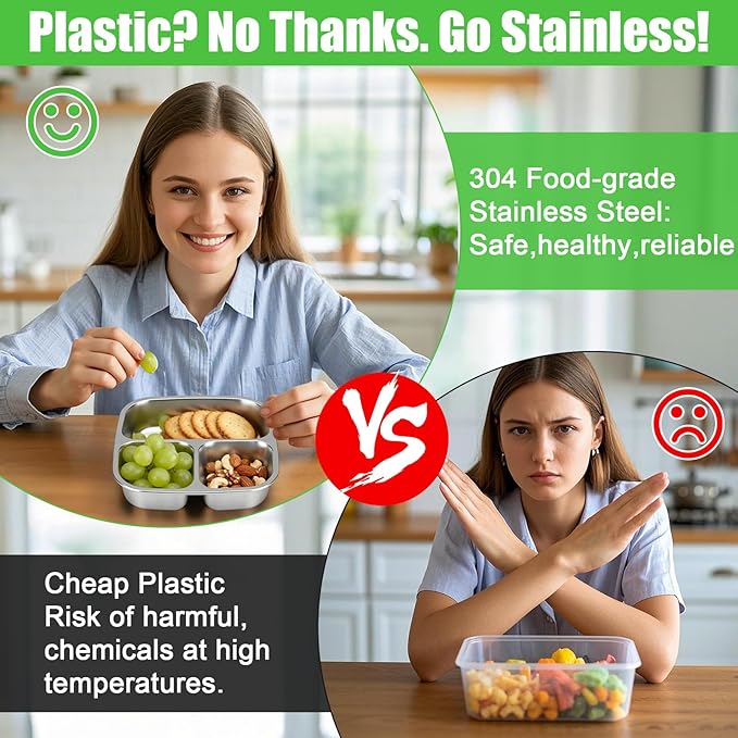 Palksky Snackle Box Container Stainless Steel, 4Pack Reusable Snack Bento Box with Lids, 3 Compartments Metal Food Storage Containers for Picnic, Travel