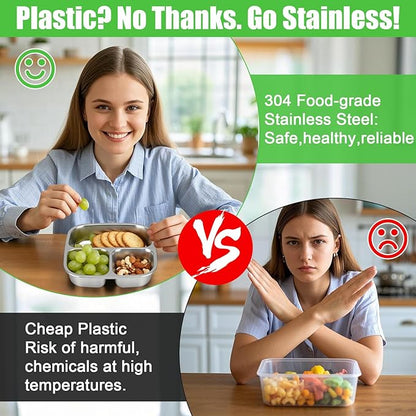 Palksky Snackle Box Container Stainless Steel, 4Pack Reusable Snack Bento Box with Lids, 3 Compartments Metal Food Storage Containers for Picnic, Travel