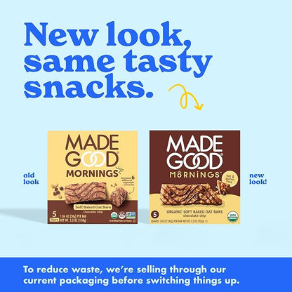 MadeGood Mornings Soft Baked Breakfast Bars, Chocolate Chip, 1.06 Oz (30 Count) Gluten Free Snacks