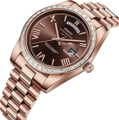 NIBOSI Men's Watches Analog Quartz Diamond Bezel Stainless Steel Dial Rose Gold Silver Watches for Men Waterproof Business Classic Dress Wrist Watch with Day Date