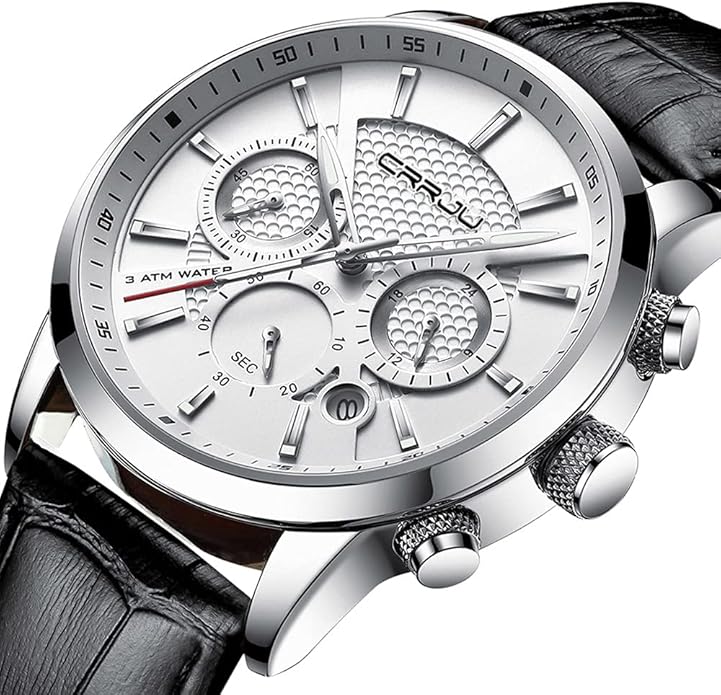 CRRJU Men's Business Casual Chronograph Quartz Waterproof Wristwatch Black Leather Strap