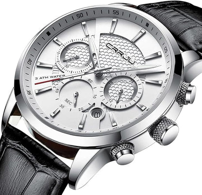 CRRJU Men's Business Casual Chronograph Quartz Waterproof Wristwatch Black Leather Strap