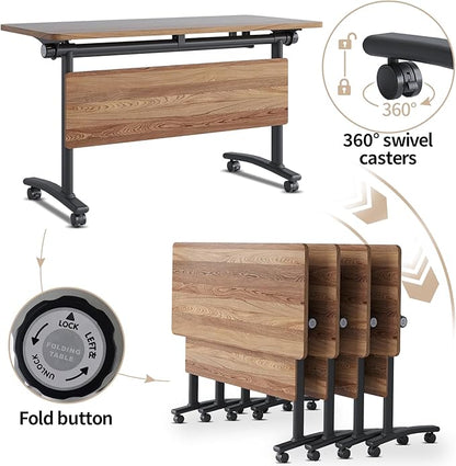 Conference Room Table, 55 Inch Folding Conference Tables with Wheels, Modern Office Meeting Table, Easy Flip & Nest Design, Rectangular Seminar Tables with Metal Frame for 2-24 People (I, 4PCS)