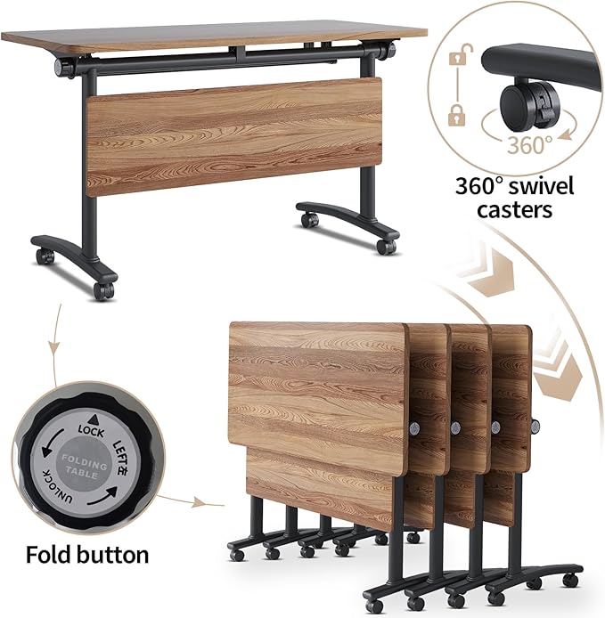 Conference Room Table, 55 Inch Folding Conference Tables with Wheels, Modern Office Meeting Table, Easy Flip & Nest Design, Rectangular Seminar Tables with Metal Frame for 2-24 People (I, 2PCS)