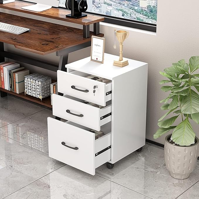 File Cabinet 3 Drawers with 1 Lock Wooden Rolling Mobile Filing Cabinet with Wheels for Home Office Under Desk File Cabinet Office Storage Cabinet, White