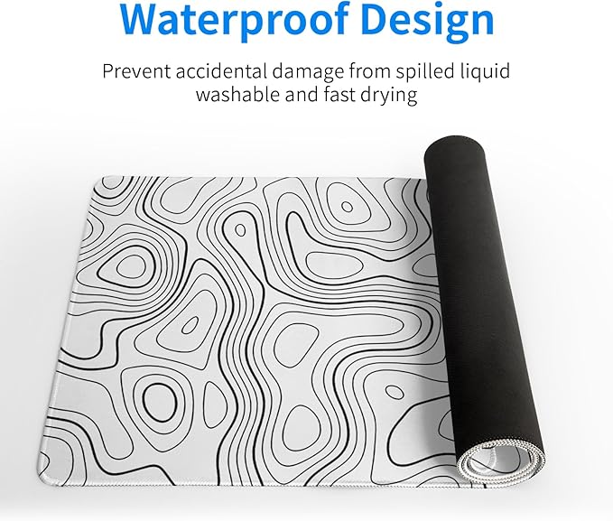 Topographic Contour Gaming Mouse Pad White Large Mouse Pad for Keyboard and Mousepad Desk Mat with 3mm Non-Slip Base and Stitched Edge for Gaming and Office Computer Mat Protector Mat 27.6x11.8 Inch
