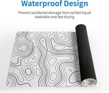 Topographic Contour Gaming Mouse Pad White Large Mouse Pad for Keyboard and Mousepad Desk Mat with 3mm Non-Slip Base and Stitched Edge for Gaming and Office Computer Mat Protector Mat 27.6x11.8 Inch