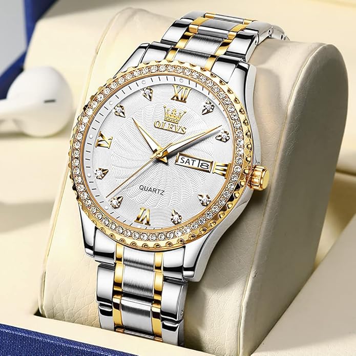 Men's Casual Stainless Steel Watch, Big Face Easy to Read Analog Quartz Watch with Day and Date, Classic Waterproof Diamond Roman Arabic Numerals Dial Dress Watch for Men, Gold Silver Black Band